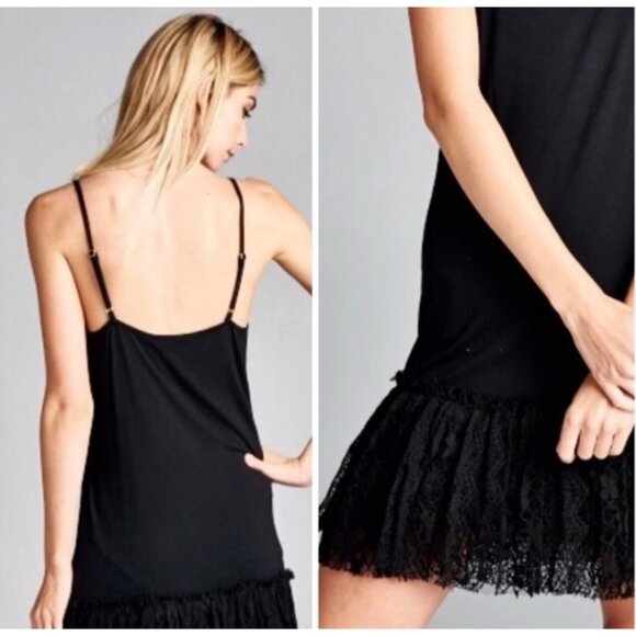 Oddi Black Lace Trim Spaghetti Straps Ruffled Hem Scoop Neck Dress Extender L - Picture 4 of 10